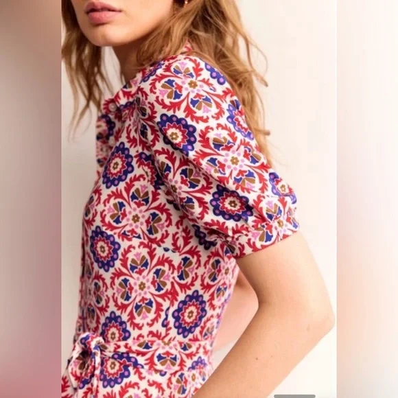 Boden, Libby, Bold Colorful Printed Tie-Waist Midi Dress - Picture 2 of 16